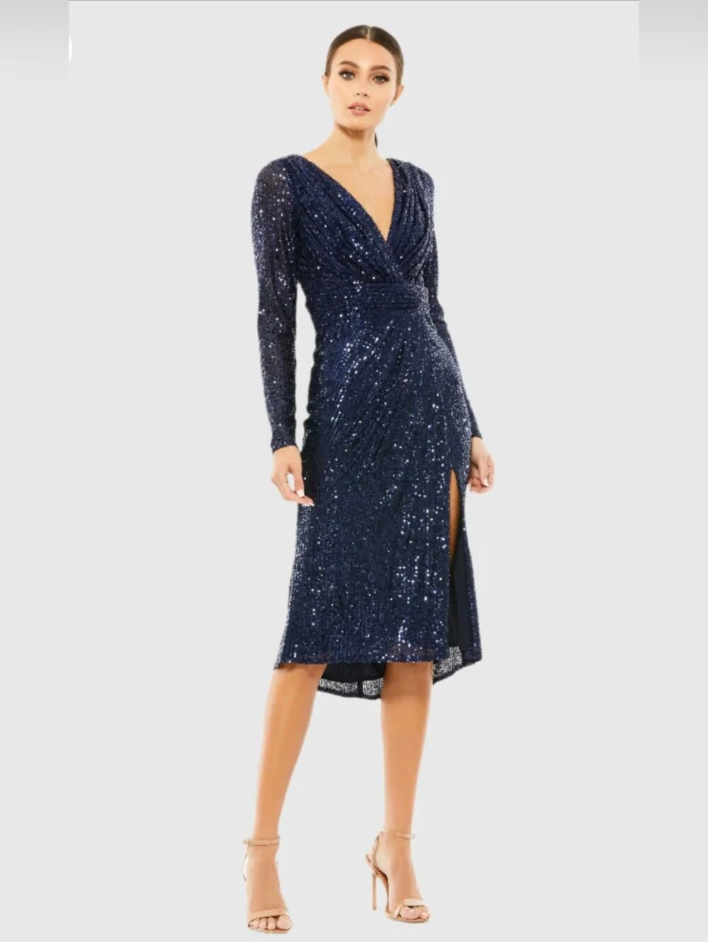 Mac Duggal NWT # A26555 Navy Long Sleeve Midi Sequin Dress